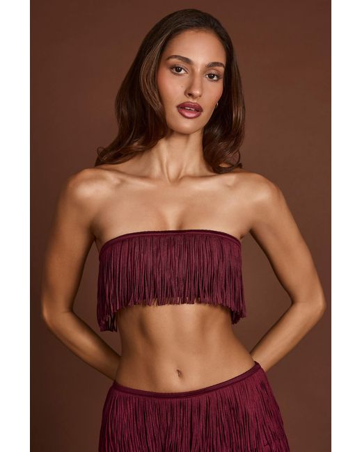 Oh Polly Red Fringed Bandeau Lace-Up Crop Top