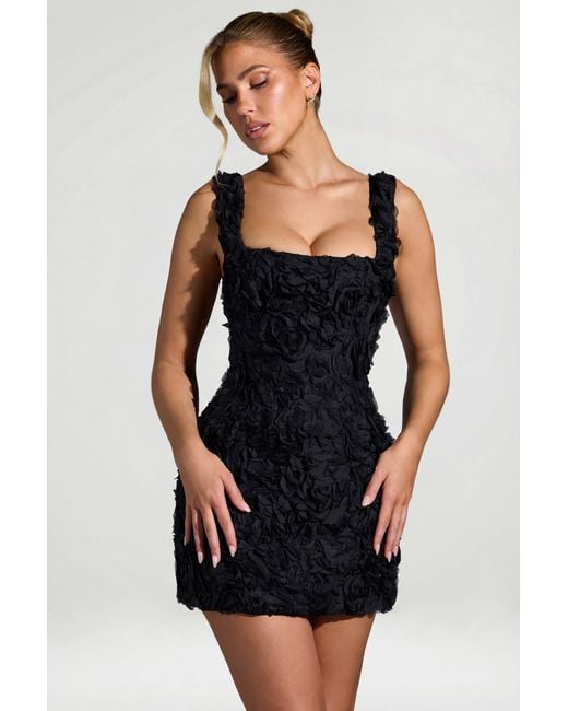 Oh Polly Black Floral-Appliqué Square-Neck Corset Mini Dress