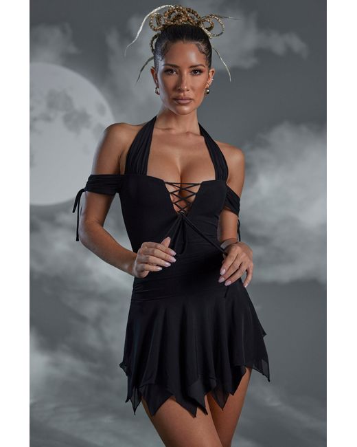 Oh Polly Black Lace Up Halter Neck Mini Dress