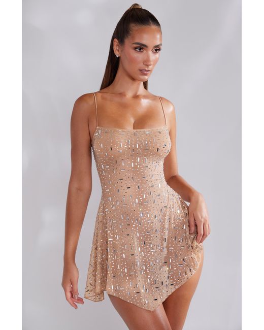 Oh Polly Natural Sheer Embellished Scoop Neck Mini Dress