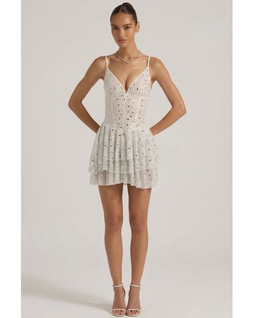 Oh Polly White Embellished Ruffled Tiered Mini Dress