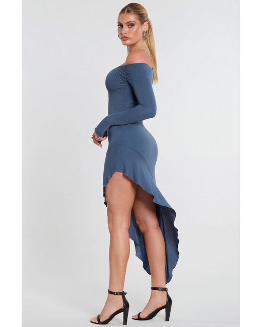 Oh Polly Blue Long Sleeve Off-The-Shoulder Modal Cashmere Blend Maxi Dress