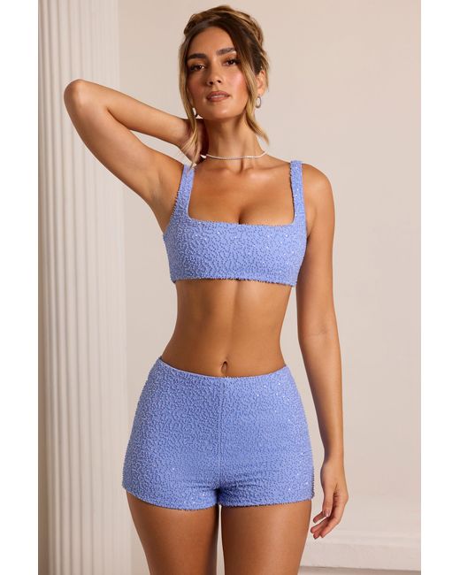 Oh Polly Blue Embellished High Waist Hot Pant Shorts