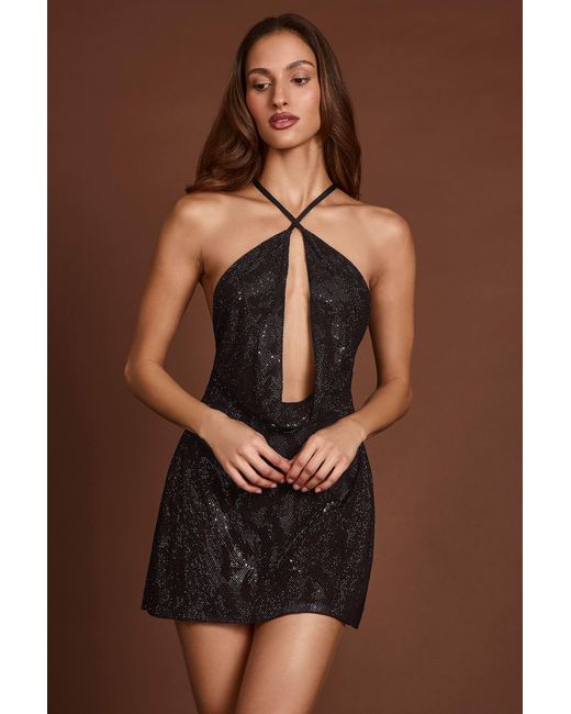 Oh Polly Black Embellished Halterneck Cowl A-Line Mini Dress