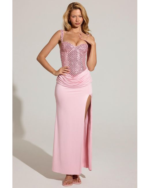 Oh Polly Pink Embellished Corset Maxi Dress