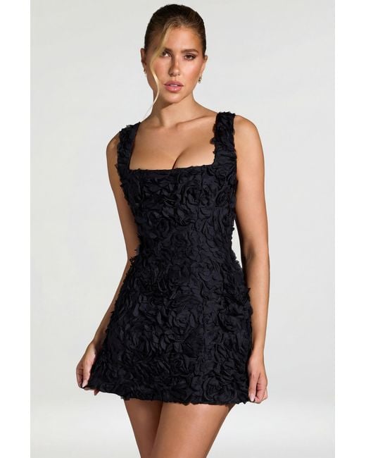 Oh Polly Black Floral-Appliqué Square-Neck Corset Mini Dress