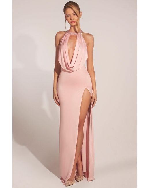Oh Polly Pink Cowl-Neck Thigh-High Gown