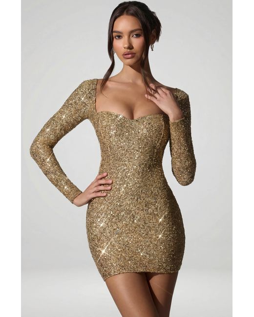 Oh Polly Metallic Embellished Sweetheart-Neck Mini Dress