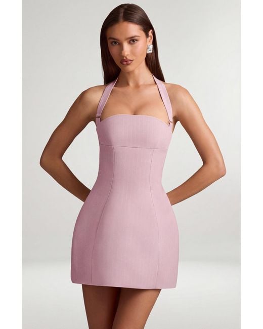 Oh Polly Pink Pinstripe Halterneck Structured A-Line Mini Dress