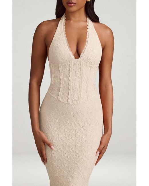 Oh Polly Natural Halterneck Corset Lace Midaxi Dress
