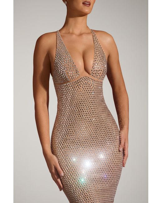 Oh Polly Natural Embellished Plunge Midaxi Dress