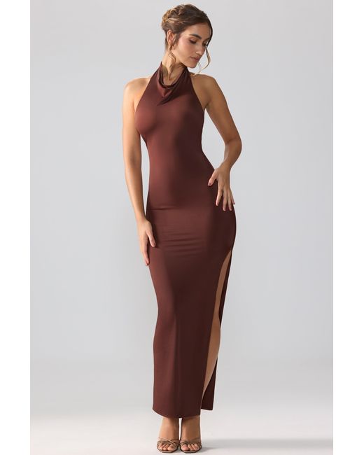Oh Polly Brown Jersey Cowl Neck Backless Maxi Dress