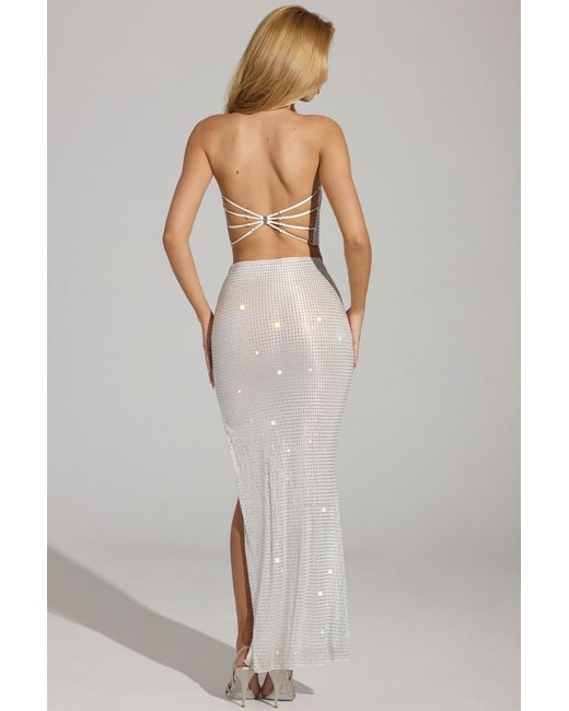 Oh Polly White Embellished V-Waist Thigh-Split Maxi Skirt