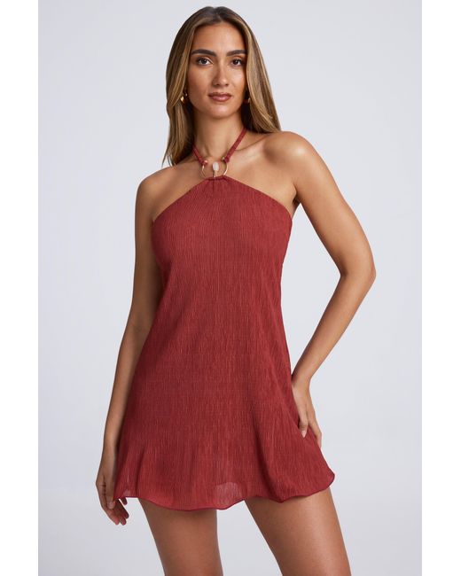 Oh Polly Brown Hardware Detail Open-Back Halterneck Micro Mini Dress