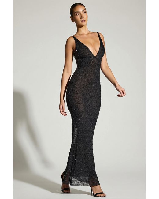Oh Polly Black Embellished Plunge Neck Evening Gown