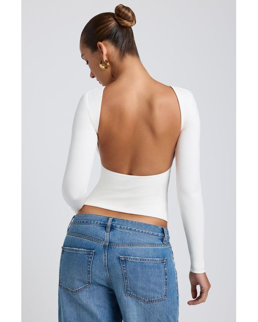 Women's White Modal High Neck Long Sleeve Open Back Top