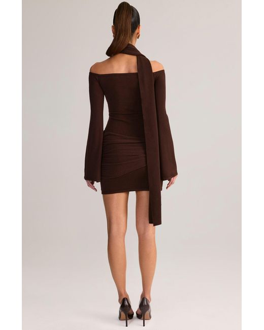 Oh Polly Brown Knit Scarf-Detail Off-Shoulder Mini Dress