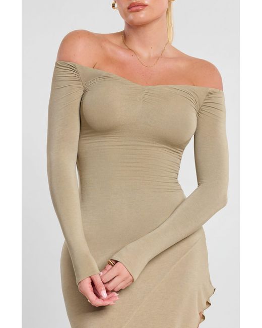 Oh Polly Natural Long Sleeve Off-The-Shoulder Modal Cashmere Blend Maxi Dress