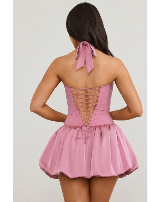Oh Polly Pink Halterneck Lace-Up Bubble Hem Corset Micro Mini Dress
