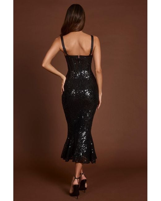 Oh Polly Black Embellished Peekaboo Corset Midaxi Dress