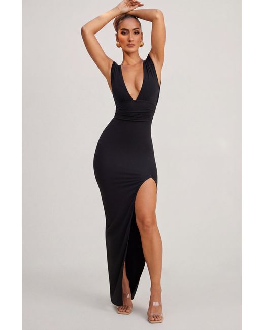 Oh Polly Black High Split Plunge Neck Maxi Dress