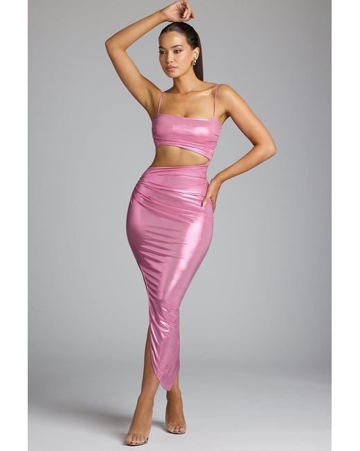 Oh Polly Pink Draped Metallic Jersey Maxi Dress