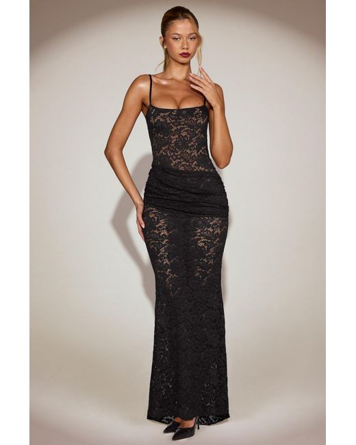 Oh Polly Black Sheer Lace Square-Neck Ruched Gown