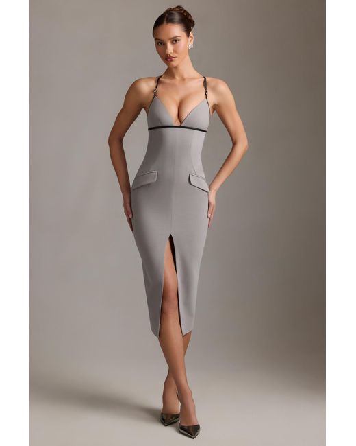 Oh Polly Gray Plunge-Neck Backless Midaxi Dress