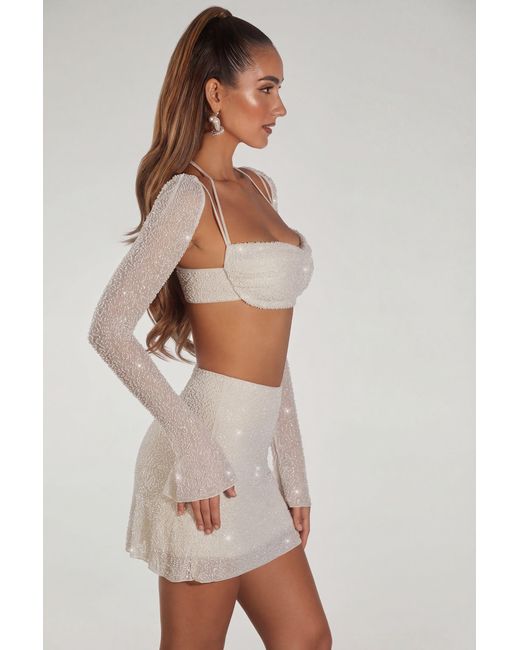 Oh Polly White Embellished Long Sleeve Crop Top