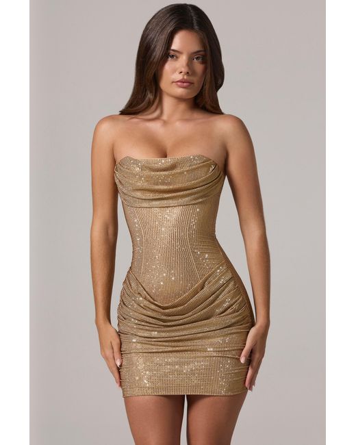 Oh Polly Brown Embellished Bandeau Cowl-Waist Mini Dress