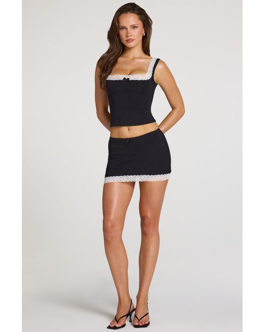 Oh Polly Black Modal Lace-Trim Low-Rise Skort