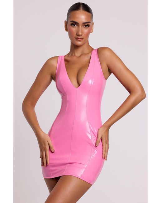 Oh Polly Pink Vinyl Plunge Neck Bodycon Mini Dress