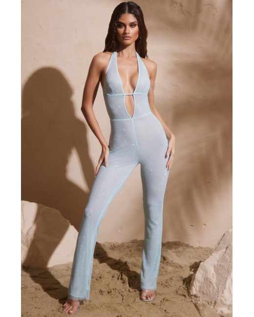 Oh Polly Blue Embellished Plunge Neck Jumpsuit