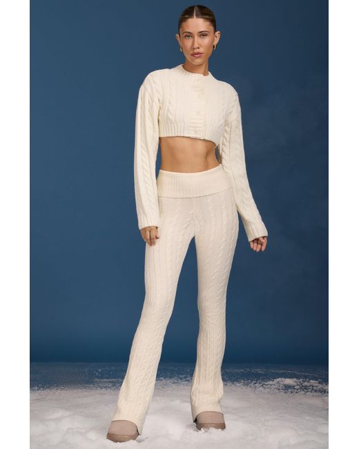 BO+TEE White Cable Knit Foldover Flared Trousers