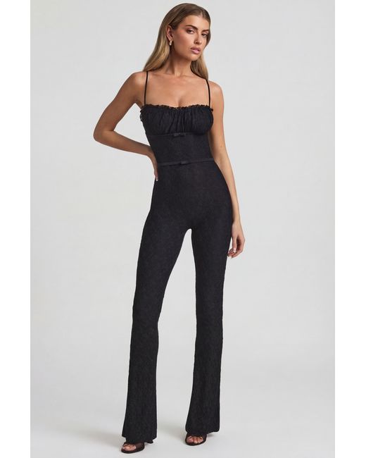 Oh Polly Black Bow-Detail Lace Flared Jumpsuit