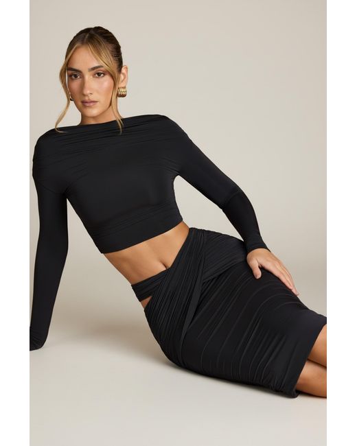 Oh Polly Black Cut-Out Draped High-Rise Midi Skirt
