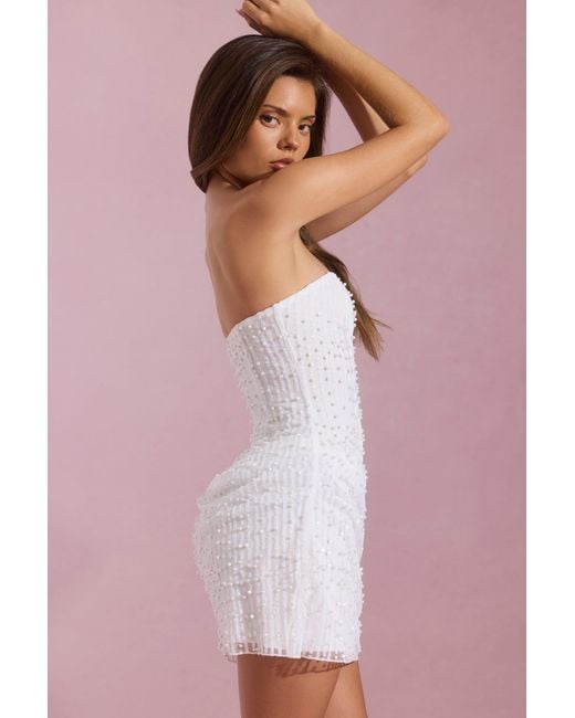 Oh Polly White Embellished Draped Strapless A-Line Mini Dress