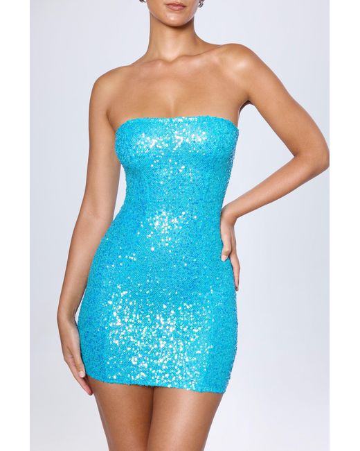 Oh Polly Blue Embellished Bandeau Mini Dress