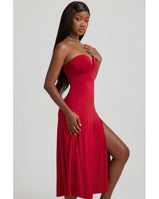 Oh Polly Red Slinky Jersey Strapless A-Line Midaxi Dress