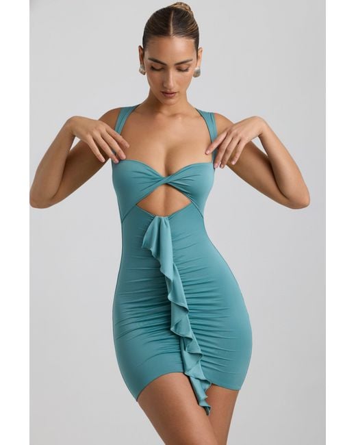 Oh Polly Green Slinky Jersey Cut-Out Ruffle-Trim Mini Dress
