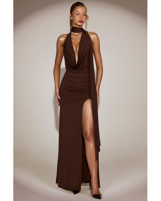 Oh Polly Brown Soft-Jersey Plunge Halterneck Maxi Dress