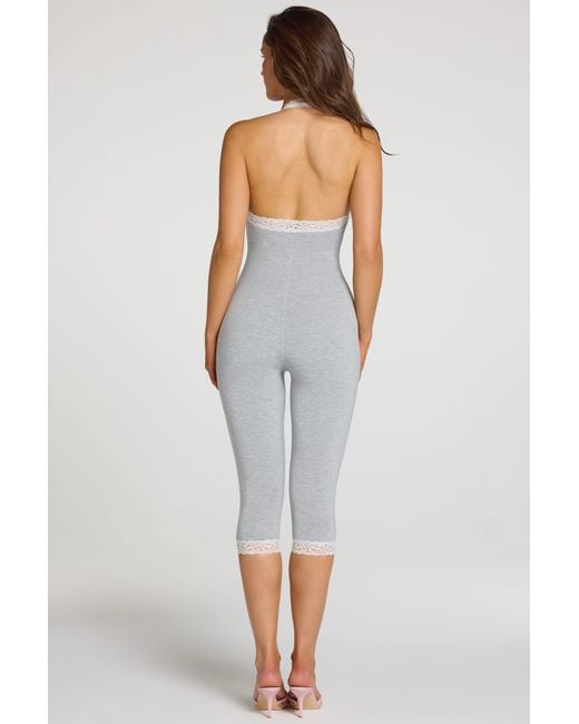Oh Polly Gray Modal Lace-Trim Capri Jumpsuit