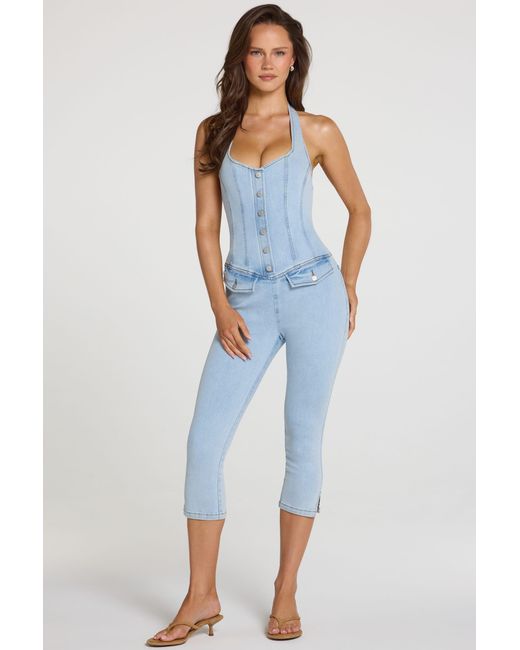 Oh Polly Blue Denim Capri Jumpsuit