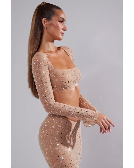 Oh Polly Natural Sheer Embellished Long Sleeve Crop Top