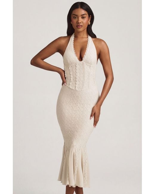 Oh Polly Natural Halterneck Corset Lace Midaxi Dress