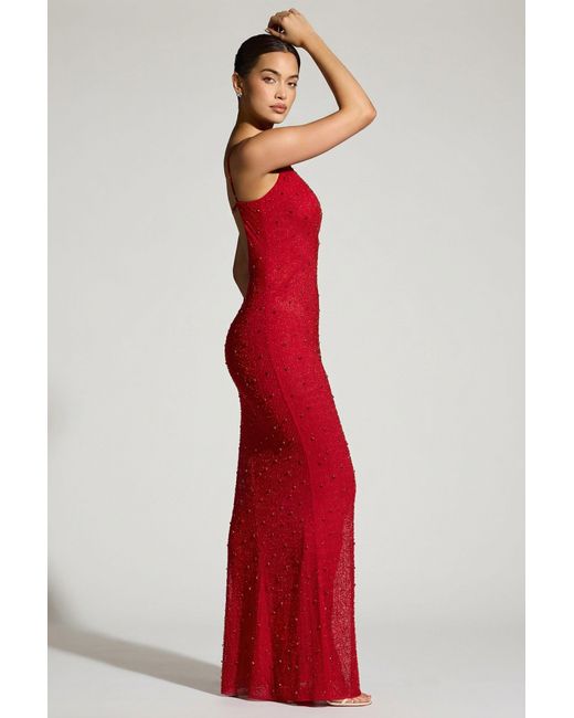 Oh Polly Red Embellished Plunge Neck Evening Gown