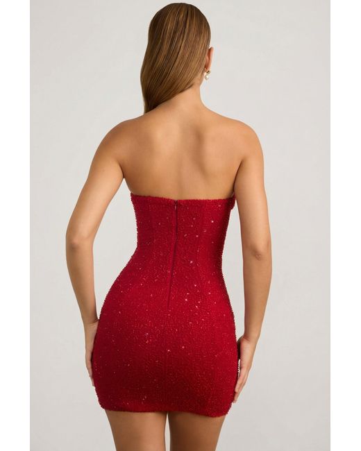 Oh Polly Red Embellished Strapless Cowl-Neck Mini Dress