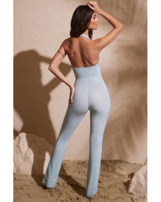 Oh Polly Blue Embellished Plunge Neck Jumpsuit