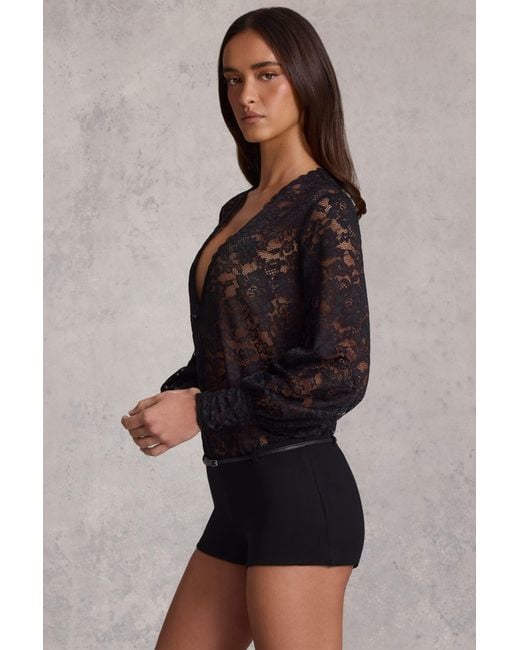 Oh Polly Black Sheer Lace Plunge-Neck Loose-Fit Playsuit