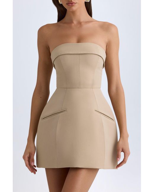 Oh Polly Natural Foldover-Neck Structured Tulip Mini Dress